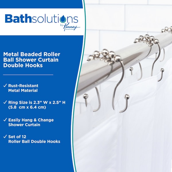 Beaded Roller Shower Curtain Double Hooks, Set Of 12, Brushed Nickel